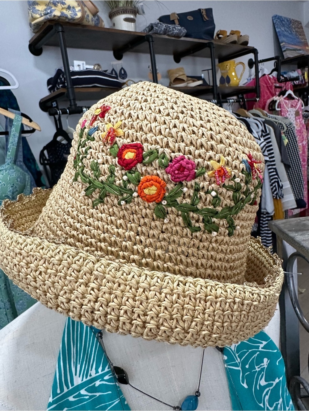 Handwoven Straw Sun Hat with Multicolor Floral Embroidery